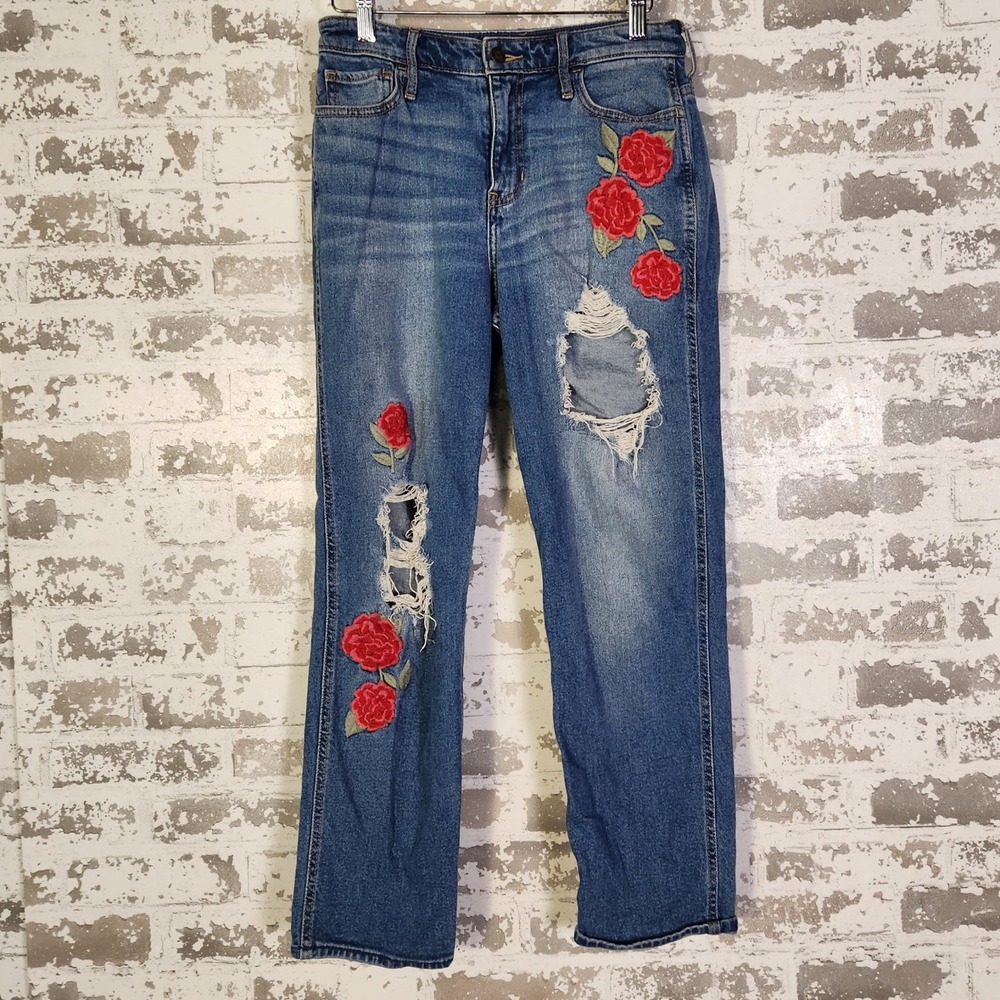 Hollister High Rise Slim‎ Straight Jeans Women 5R Rose Embroidered Distressed
